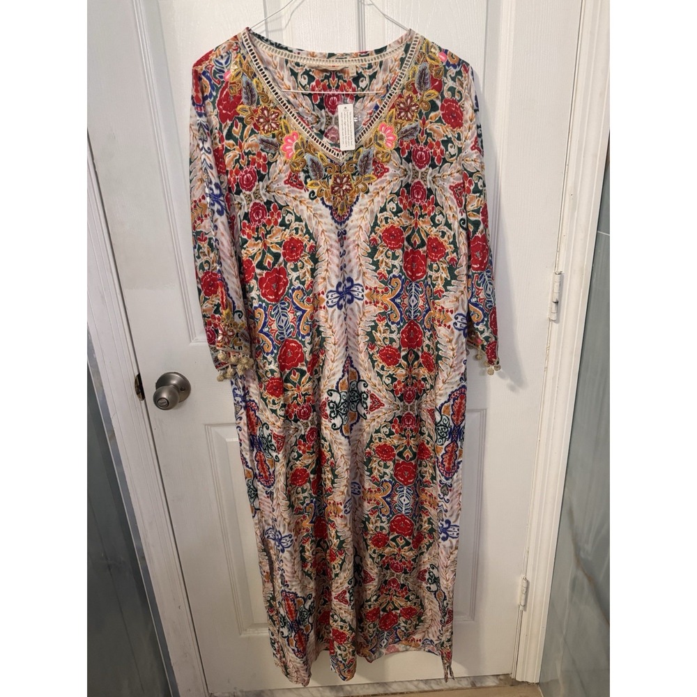 Soft Surroundings Ipanema Kaftan Dress L Embroidered Maxi Dress Beaded NWT